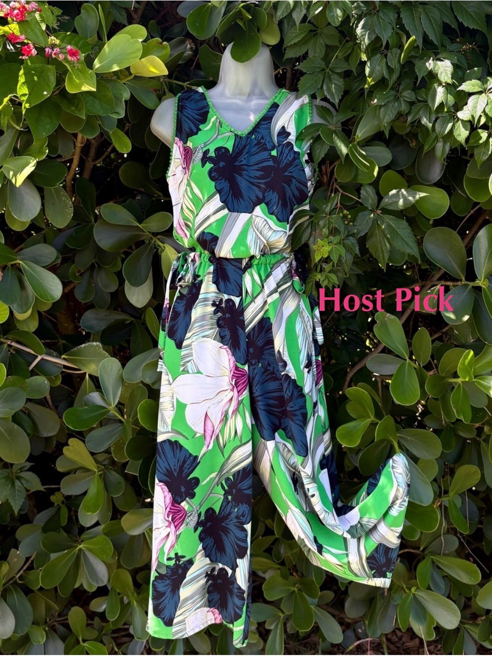 Carolina Belle Green Tropical Jungle Jumpsuit Size 4 S Sleeveless Stretch Cinch